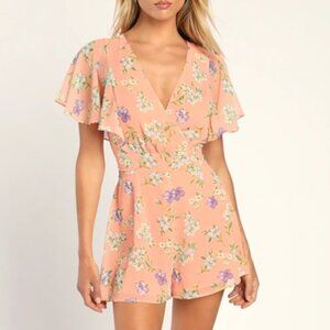 Lulus Fit For Fun Pink Floral Print Flutter Sleeve Romper - Size S